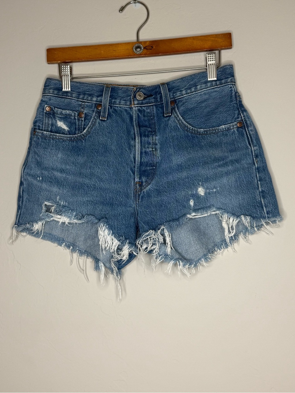 Levi’s 501 original high rise denim cut off shorts distressed medium wash 27